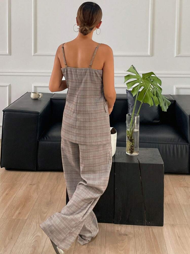 2pcs/Set Women's Plaid Spaghetti Strap Wide Leg Jumpsuit,Fall Clothes