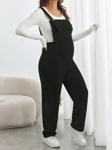 SHEIN Maternity Frill Trim Pocket Front Cord Overalls