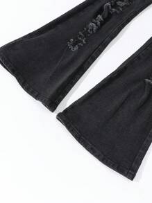 SHEIN Tween Girls Diagonal Waistline Ripped Distressed Flared Black Denim Jeans - Black - View 5