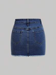 SHEIN MOD 女式前纽扣口袋做旧磨边下摆休闲牛仔半身裙