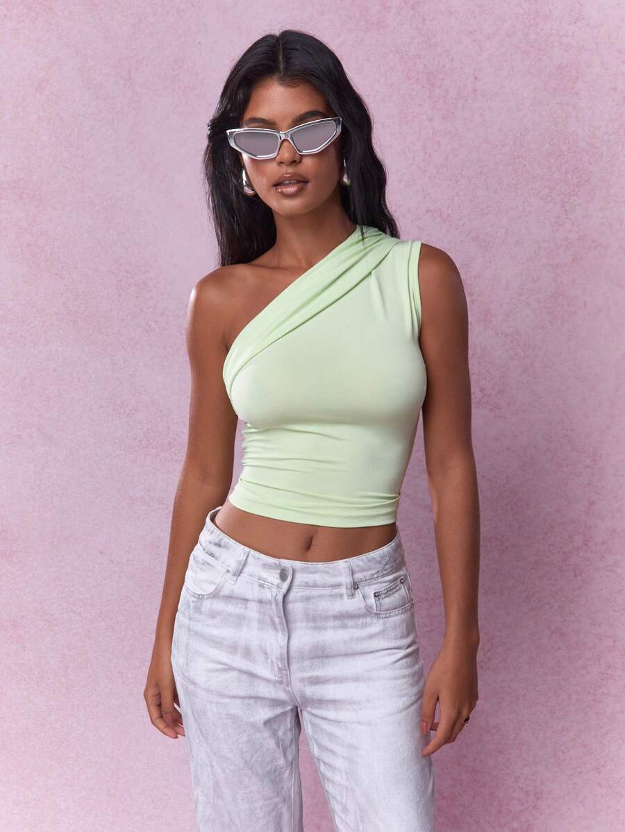 MISSGUIDED 幸運符單肩短版上衣 無袖愛爾蘭主題派對薄荷綠抓皺背心 聖帕翠克節慶典 春季時尚派對穿搭 夜店外訪 - 綠色 - 查看 1