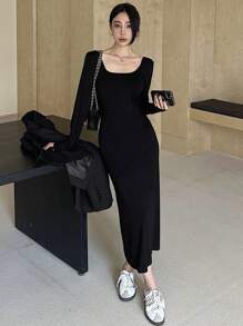 DAZY Vestido largo sencillo de cuello cuadrado negro para mujer en otoño - Negro - Ver 3
