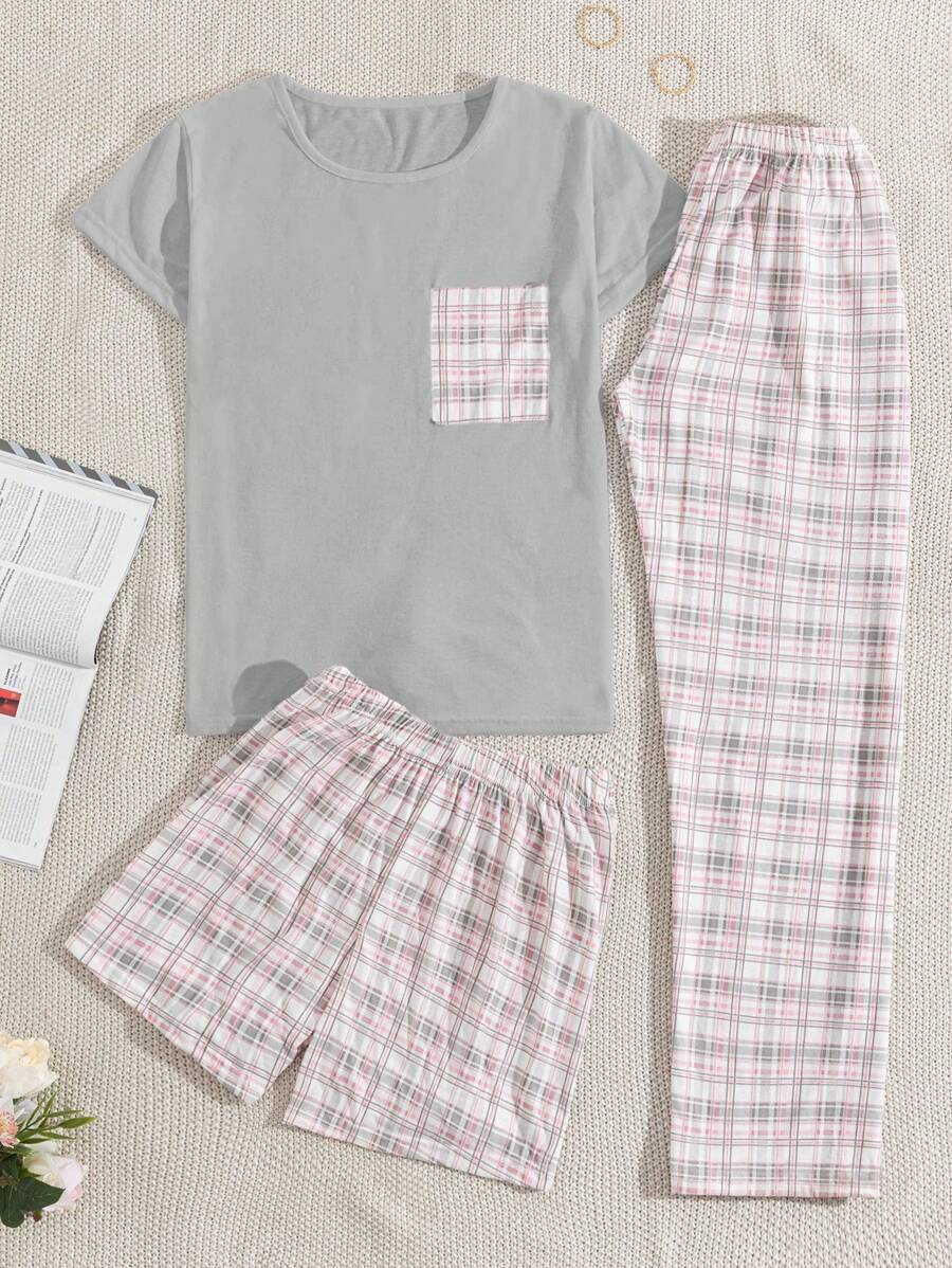 SHEIN Cottnline 棉质 3 件套女士格子印花睡衣和短裤及口袋细节家居服睡衣套装 - 彩色 - 查看 1