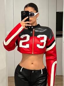 SHEIN ICON Y2k Fall Women Jackets Cropped Motorcycle Style Numeric Contrast Color Block PU Jacket - Multicolor - View 3