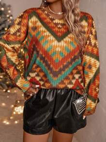 SHEIN LUNE Plus Size Women's Autumn/Winter Full Print Crew Neck Loose Pullover Sweater Knit Pullover Fall - Multicolor - View 1