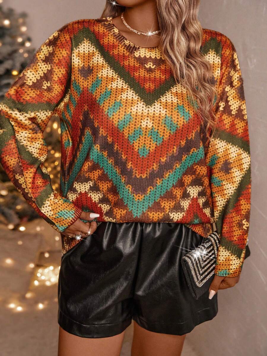 SHEIN LUNE Plus Size Women's Autumn/Winter Full Print Crew Neck Loose Pullover Sweater Knit Pullover Fall - Multicolor - View 1