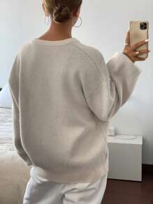 DAZY Suéter holgado de manga larga con cuello en V y estampado jacquard de letra para mujeres