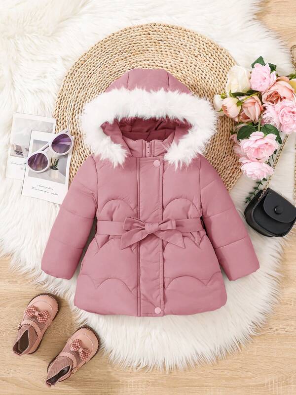 SHEIN Vêtement extérieur mi-long pour bébé fille, de couleur unie, à capuche avec ceinture à la taille, style casual