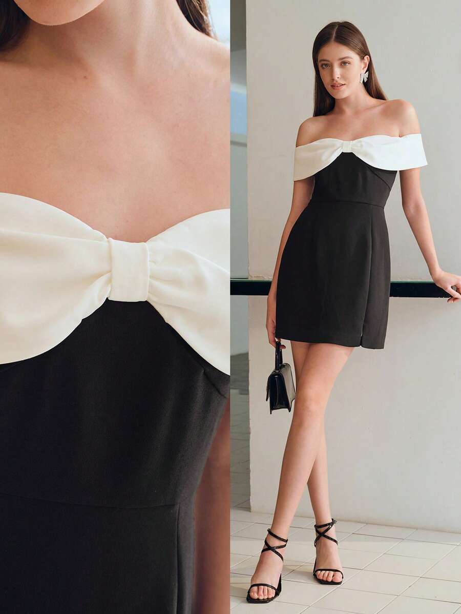 MOTF STUDIO 双色蝴蝶结翻领露肩短裙，新年装扮 - 黑與白 - 查看 1