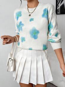 Chiquease Pull casual à manches longues, col rond et épaules tombantes avec motif floral, pour femme, automne/hiver