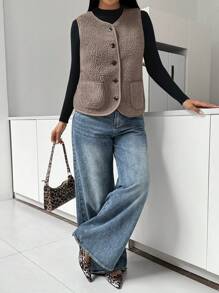 SHEIN Essnce Ladies' Casual Fashion Plush To Keep Warm All-Match Mocha Brown  Button V-Neck Sleeveless With Pocket Jacket