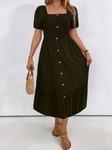 SHEIN LUNE Vestido casual de verano para mujer de talla grande con cuello, manga corta abultada, decoración de botones y volante en el bajo