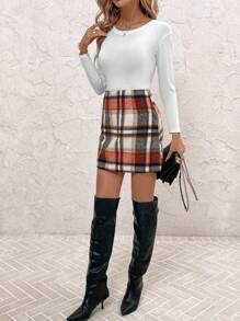 SHEIN Clasi 女式格子设计修身优雅迷人时尚迷你裙 - 鏽棕色 - 查看 5