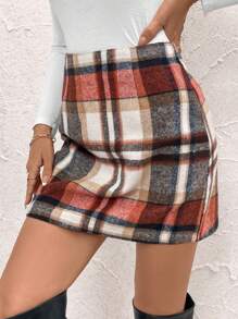 SHEIN Clasi 女式格子设计修身优雅迷人时尚迷你裙 - 鏽棕色 - 查看 6