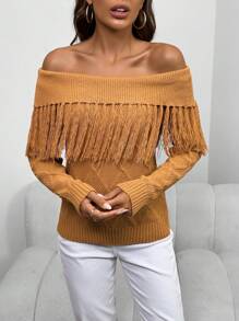 SHEIN LUNE كنزة صوفية محبوكة بشراشيب على الكتف للنساء