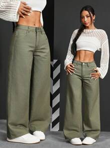 SHEIN PETITE 女式宽松阔腿口袋休闲牛仔裤 - 綠色 - 查看 3