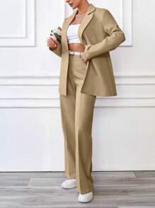 SHEIN Cottnline Solid Color Oversize Suit Set - Jacket & Pants - Mocha Brown - View 3