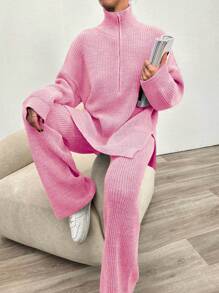 2 pièces Ensemble décontracté femme, pull ample à manches longues col zippé et épaule tombante de couleur unie et pantalon tricoté, automne hiver