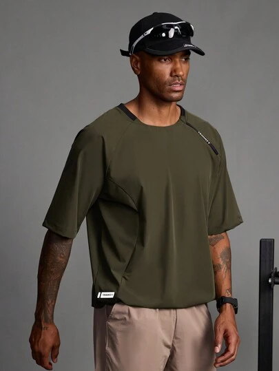 Manfinity Acti Log Boyfriend Style Men's Letter Printed Crew Neck Short Sleeve Casual Fitness Sports T-Shirt,Gym Clothes