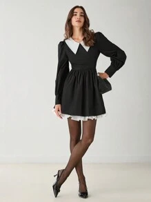 Enchnt Autumn Romantic Women Elegant Cute Contrast Color Block Puff Sleeve Black Retro Preppy Dress - Black - View 1