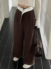 DAZY Women Wide Leg Pants With Contrasting Waistband And Pockets - Brown - View 8