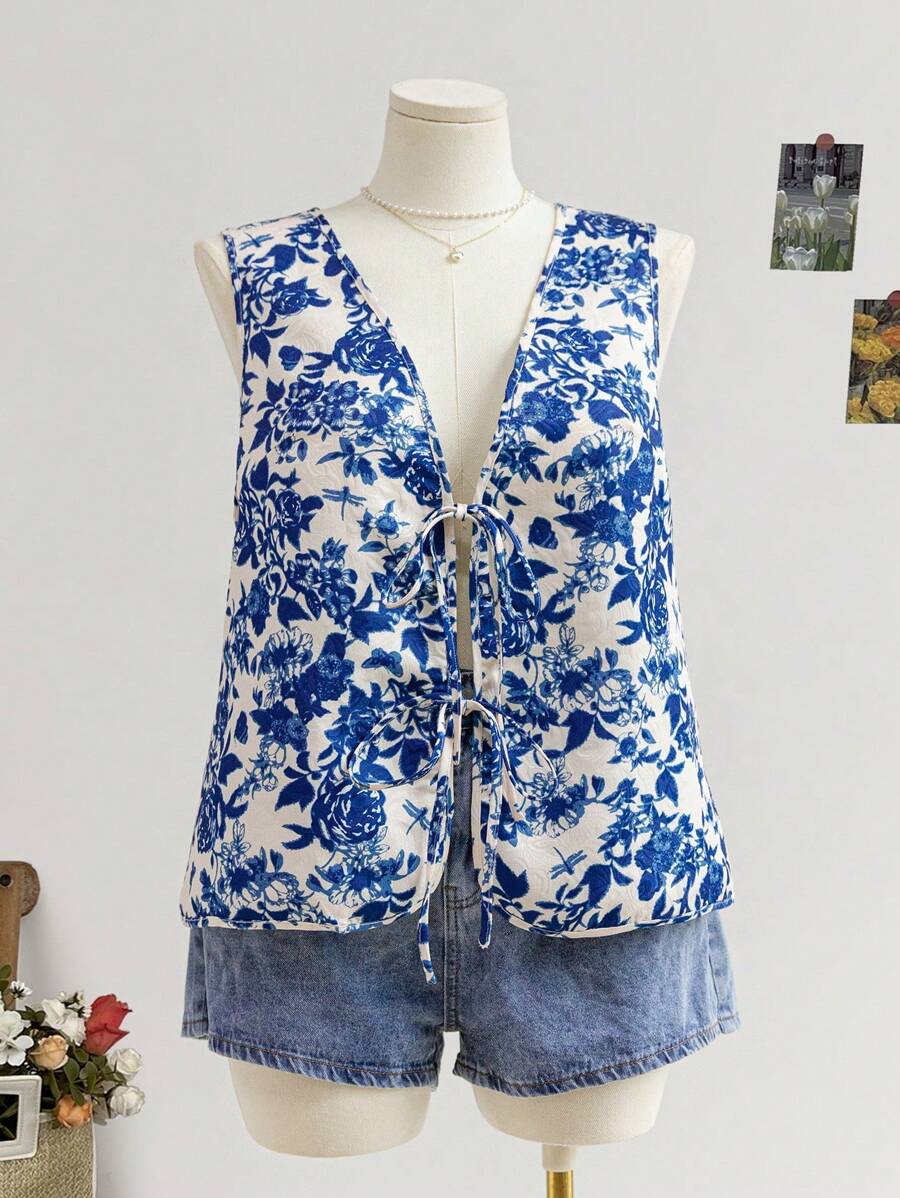 Soleia 大码女式花卉印花休闲宽松抽绳背心上衣，适合秋季、冬季、度假、毕业典礼和返校 - 彩色 - 查看 1