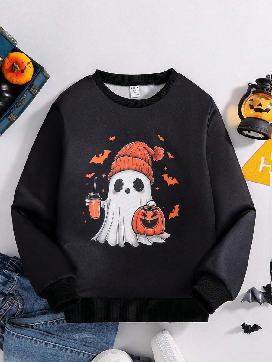 SHEIN Girls Black Cute Ghost Print Crewneck Long Sleeve Sweatshirt For Halloween