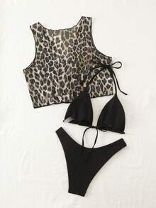 3 件套豹纹罩衫，简约性感比基尼夏季 - 彩色 - 查看 2