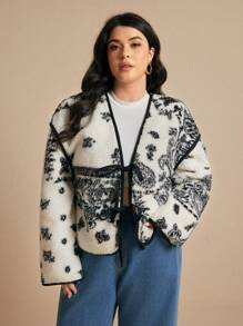 Elaquor Plus Size Women's Autumn Winter Paisley Pattern Drop Shoulder Front Tie Plus Fleece Thick Jacket - Multicolor - View 1