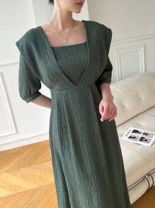 Mulvari Vestido informal largo de mangas medianas y cuello redondo de color liso para mujer