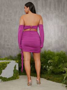 evoluSHEIN X Anitta The Perfect Party Designer Plus Size Off-Shoulder Hollow Ruffle Backless Mini Dress, Summer, Holiday, Party, Thanksgiving, Birthday Outfits, Festival - Purple - View 2