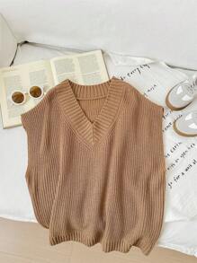 SHEIN Tween Girls Loose Fit Solid Color V-Neck Mid-Length Knit Sweater Vest,In Fall/Winter - Khaki - View 7