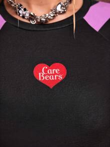 SHEIN X Care Bears Designer 1pc Plus Size Women's Punk Style Cartoon Bear & Letter Printed Color Block Striped Raglan Sleeve Fitted Cropped T-Shirt, Holiday, Thanksgiving, Festival