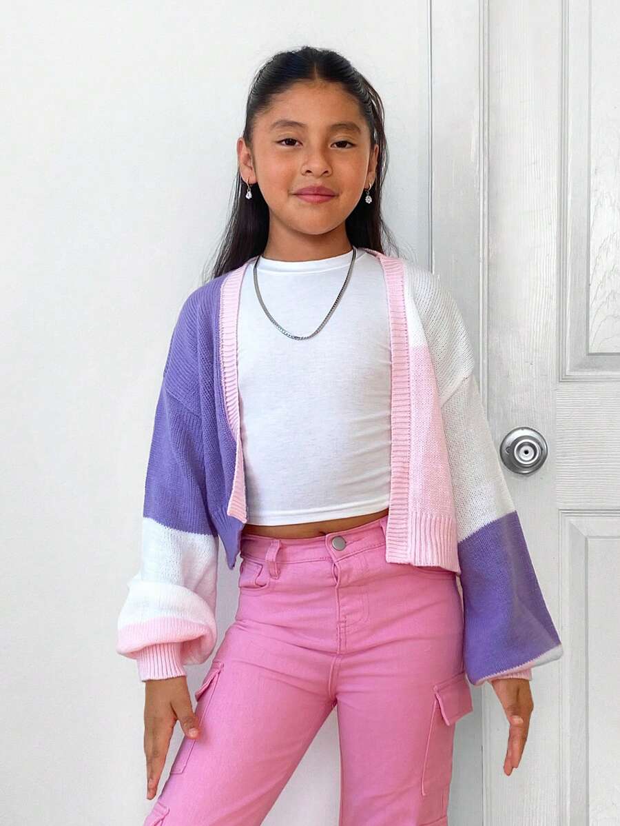 Tween Girl Casual Knit Patchwork Long Sleeve Cardigan Jacket, Autumn & Winter - Multicolor - View 1