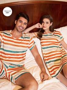 CoupledUp Multicolor Striped Print Short Sleeve Shorts Men Pajama Set - Multicolor - View 1