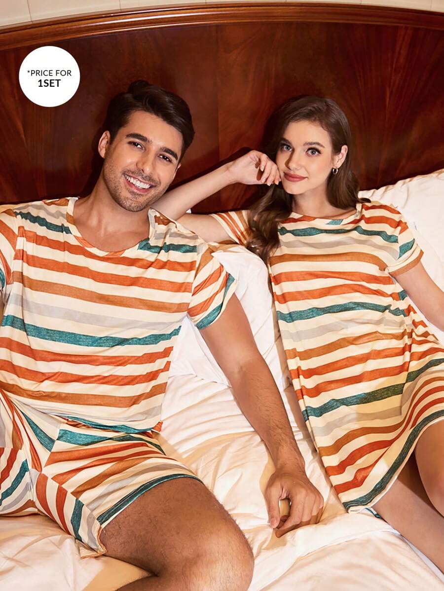 CoupledUp Multicolor Striped Print Short Sleeve Shorts Men Pajama Set - Multicolor - View 1