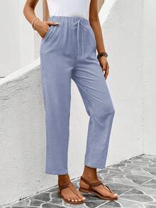 SHEIN LUNE 女士休闲舒适透气条纹松紧腰七分裤 - 藍白色 - 查看 4