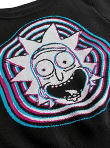 Rick and Morty X SHEIN 大码黑色朋克风格卡通图案修身短袖针织上衣