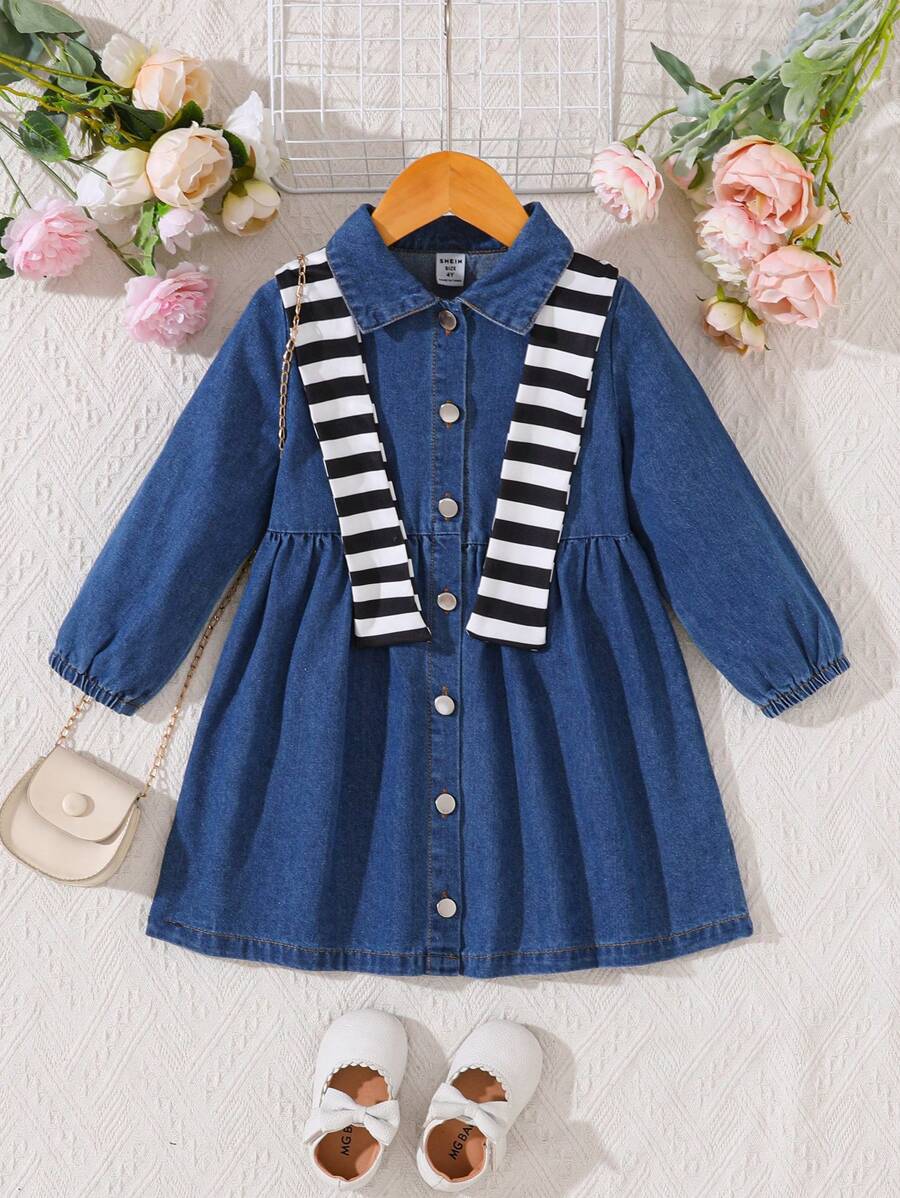 年轻女孩休闲学院风水洗蓝牛仔日常连衣裙，舒适秋冬新品 - 藍色 - 查看 1