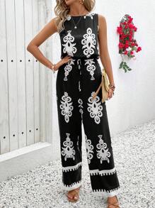 SHEIN VCAY Bộ đồ liền thân ống đứng không tay cổ tròn in họa tiết thường ngày cho nữ - màu đen - Xem 1