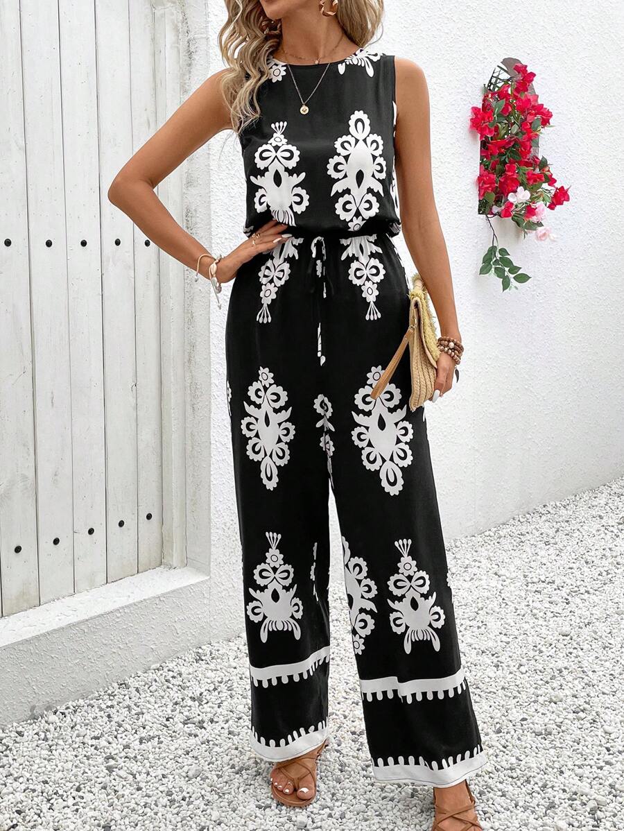 SHEIN VCAY Bộ đồ liền thân ống đứng không tay cổ tròn in họa tiết thường ngày cho nữ - màu đen - Xem 1