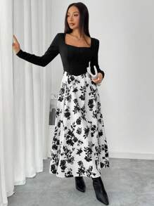 Mulvari 女士春秋优雅拼色花卉印花连衣裙