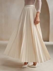 Anewsta Falda plisada elegante de unicolor para mujer - Beis - Ver 4