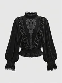 ROMWE Goth Camisa de terciopelo con mangas de farol y bordado decorativo al estilo del palacio gótico vampiro para mujer de talla grande