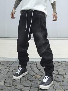 Manfinity EMRG Men's Fashionable Drawstring Casual Denim Jeans For Daily Wear - Black - View 5