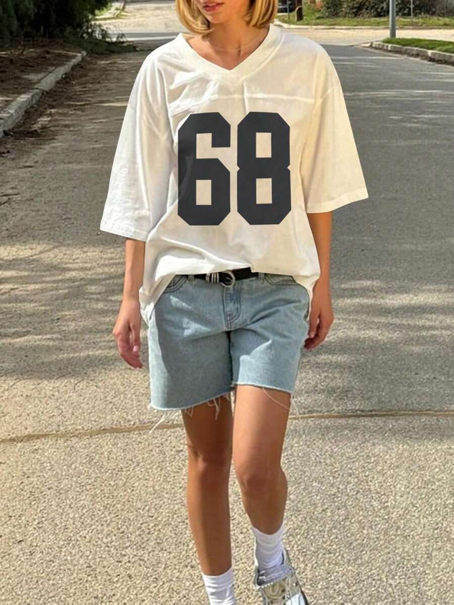 INAWLY 女士宽松休闲印花 V 领落肩 T 恤，夏季