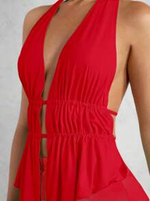 Glamine Set de 2 piezas de top halter con cuello en V profundo y espalda descubierta, y mini falda ajustado, color sólido, para ropa de mujer en Año Nuevo - Rosa Roja - Ver 6