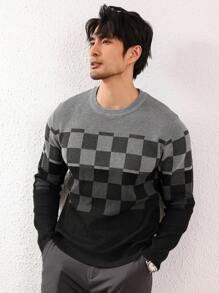 Manfinity Homme Men's Crew Neck Long Sleeve Contrast Plaid Design Fashionable Loose Fit Sweater - Multicolor - View 1