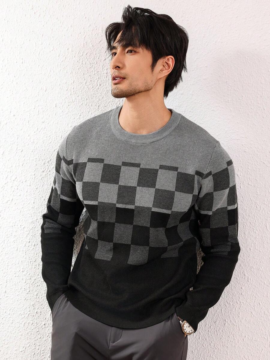 Manfinity Homme Men's Crew Neck Long Sleeve Contrast Plaid Design Fashionable Loose Fit Sweater - Multicolor - View 1