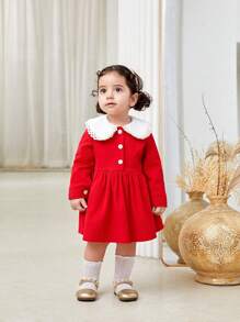 SHEIN Baby Girl Warm & Elegant Red Ruffled Collar Long Sleeve Knee-Length Dress For Christmas Party And Casual Outings, Autumn Winter - Red - View 7